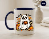 Cute Raccoon Halloween Mug, Ghost Costume Coffee Cup, Spooky Pumpkin Gift for Animal Lover, Fall Birthday or October Office Desk Decor