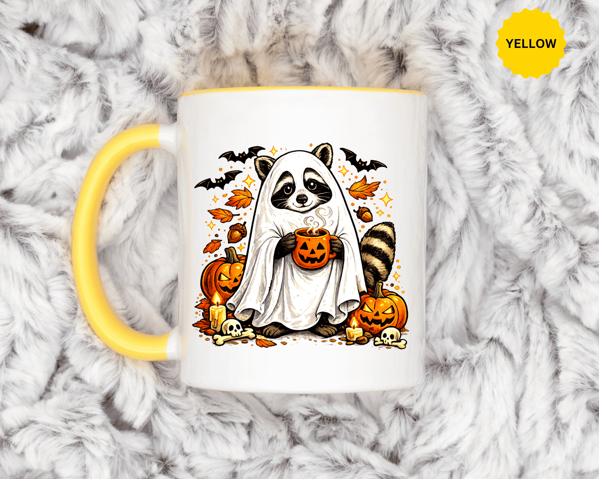 Cute Raccoon Halloween Mug, Ghost Costume Coffee Cup, Spooky Pumpkin Gift for Animal Lover, Fall Birthday or October Office Desk Decor