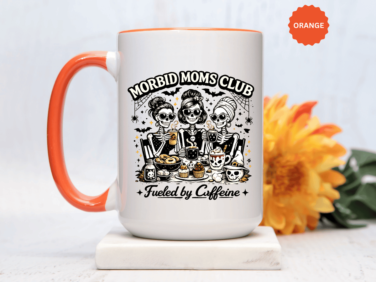 Morbid Moms Club Coffee Mug, Gothic Skeleton Mom Cup, Funny Halloween Gift for Mom Friends, Spooky Mama Birthday or Group Present for Her