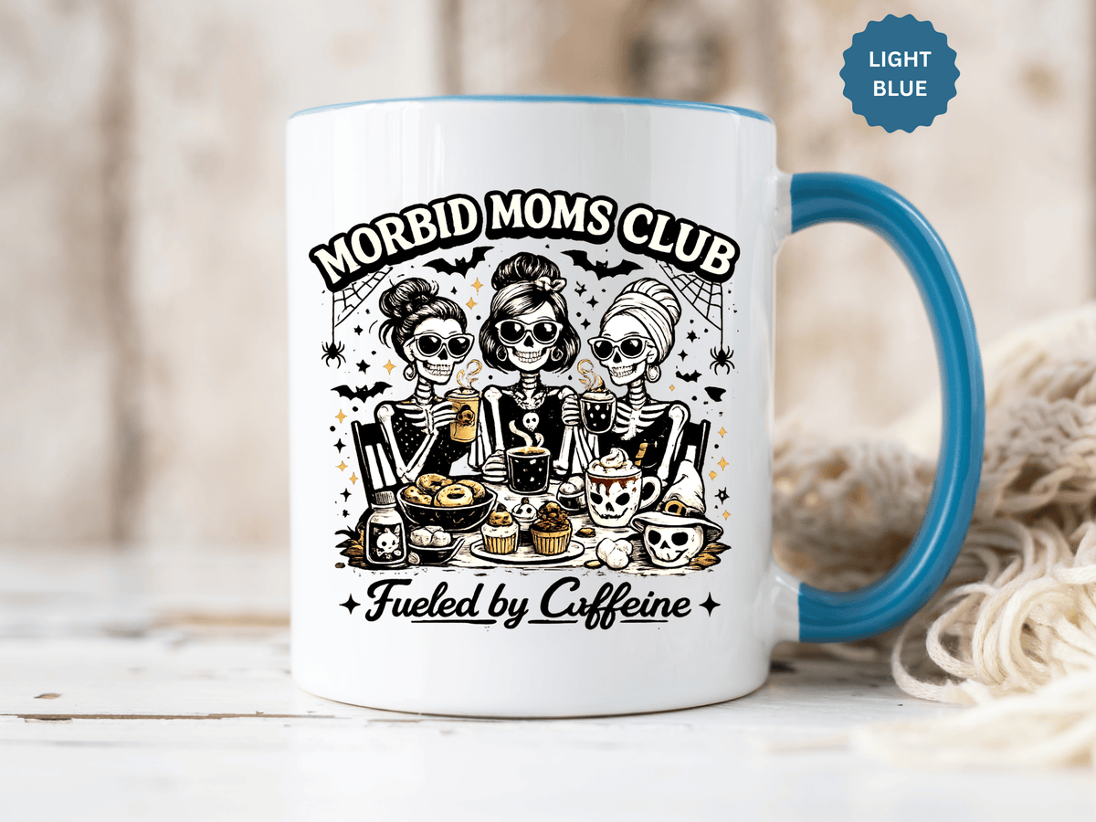 Morbid Moms Club Coffee Mug, Gothic Skeleton Mom Cup, Funny Halloween Gift for Mom Friends, Spooky Mama Birthday or Group Present for Her