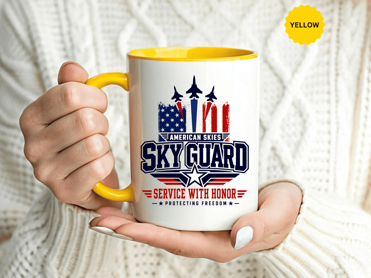 Military Aviation Coffee Mug, American Skies Skyguard Cup, Patriotic Fighter Jet Gift for Pilot, Veteran, Airman or Armed Forces Supporter