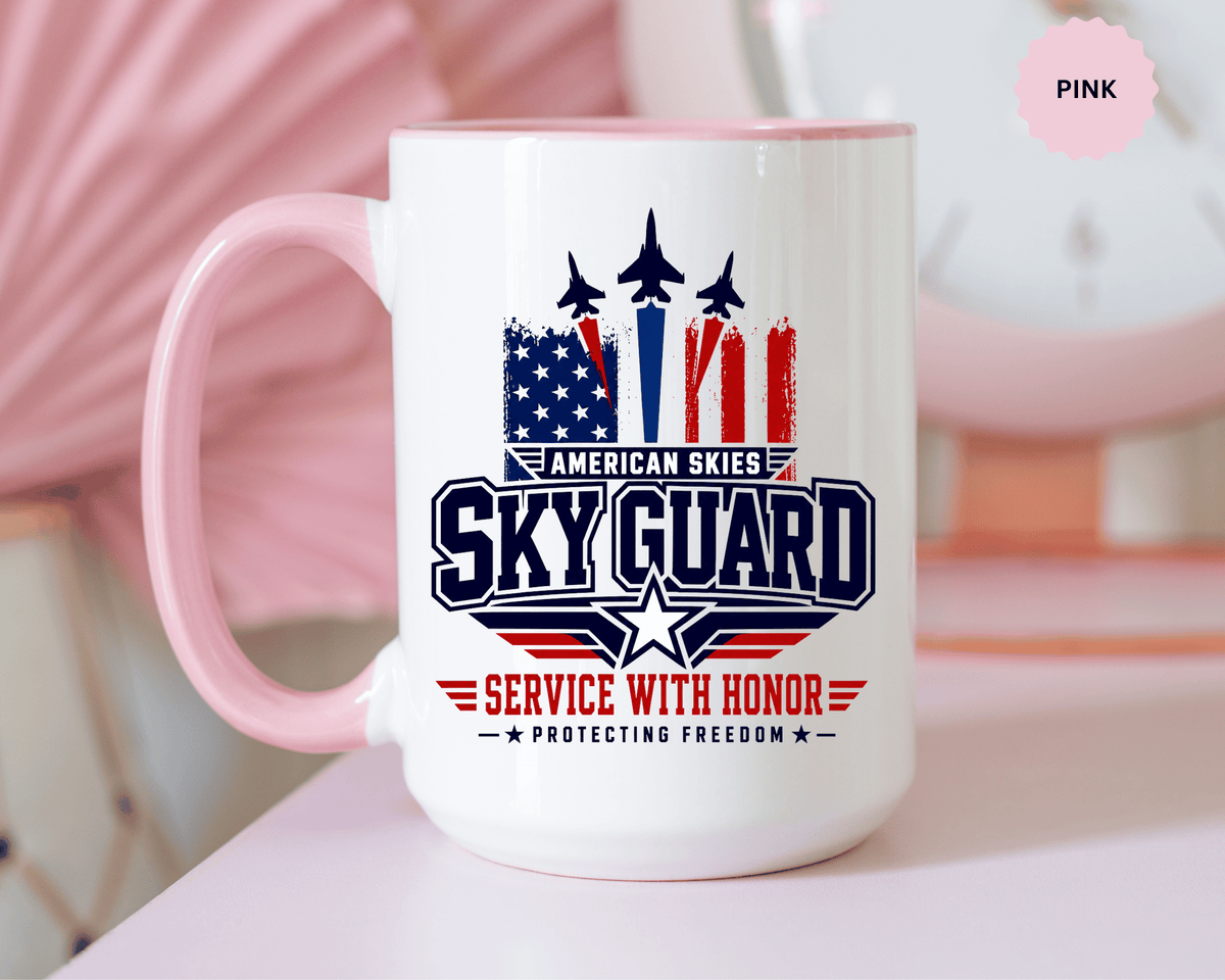 Military Aviation Coffee Mug, American Skies Skyguard Cup, Patriotic Fighter Jet Gift for Pilot, Veteran, Airman or Armed Forces Supporter