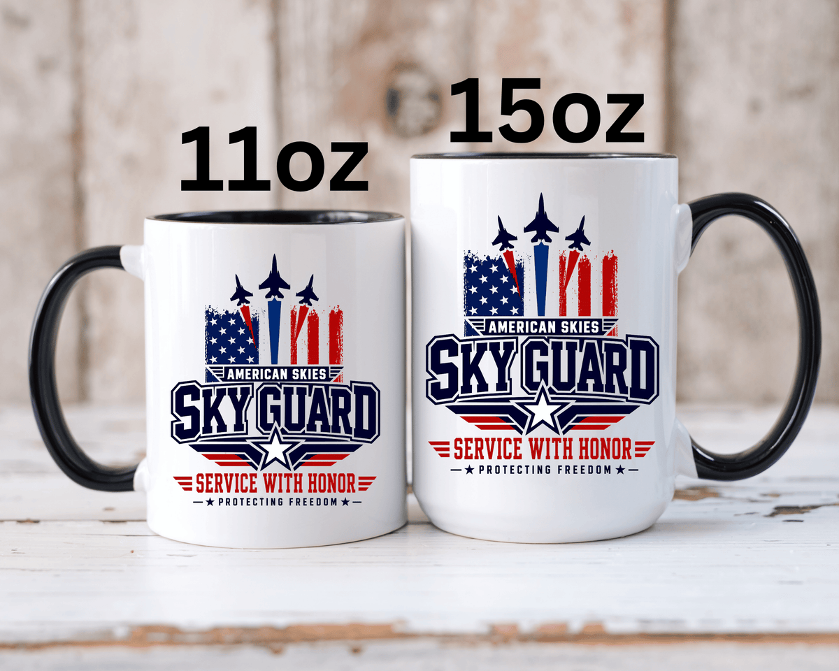 Military Aviation Coffee Mug, American Skies Skyguard Cup, Patriotic Fighter Jet Gift for Pilot, Veteran, Airman or Armed Forces Supporter