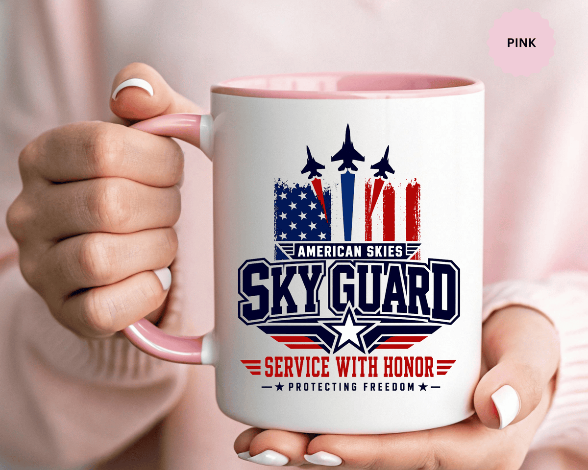 Military Aviation Coffee Mug, American Skies Skyguard Cup, Patriotic Fighter Jet Gift for Pilot, Veteran, Airman or Armed Forces Supporter