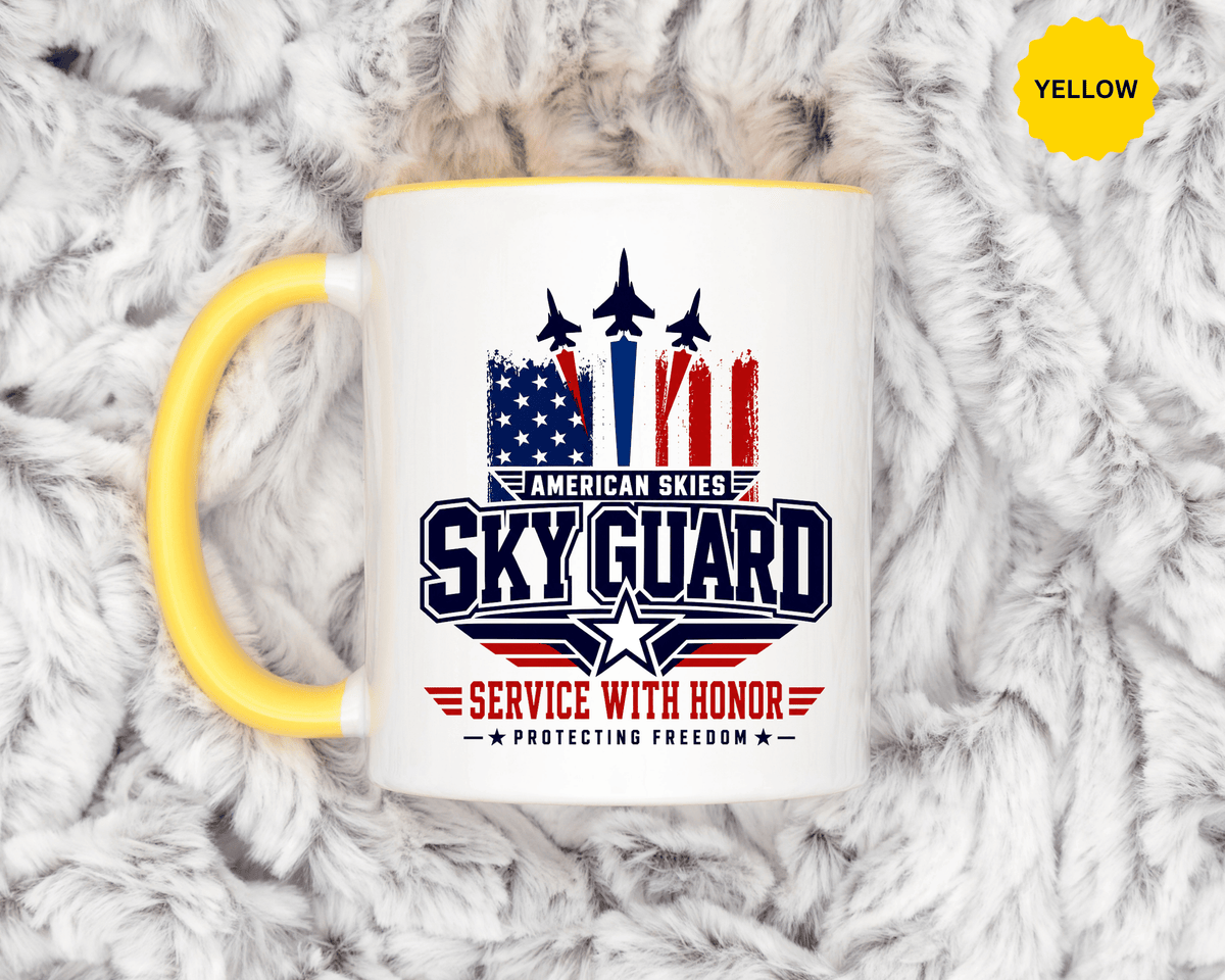 Military Aviation Coffee Mug, American Skies Skyguard Cup, Patriotic Fighter Jet Gift for Pilot, Veteran, Airman or Armed Forces Supporter