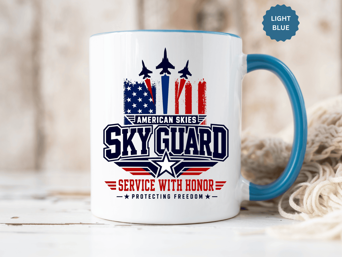 Military Aviation Coffee Mug, American Skies Skyguard Cup, Patriotic Fighter Jet Gift for Pilot, Veteran, Airman or Armed Forces Supporter