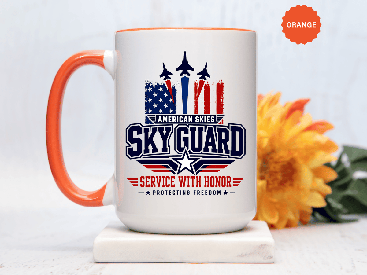 Military Aviation Coffee Mug, American Skies Skyguard Cup, Patriotic Fighter Jet Gift for Pilot, Veteran, Airman or Armed Forces Supporter