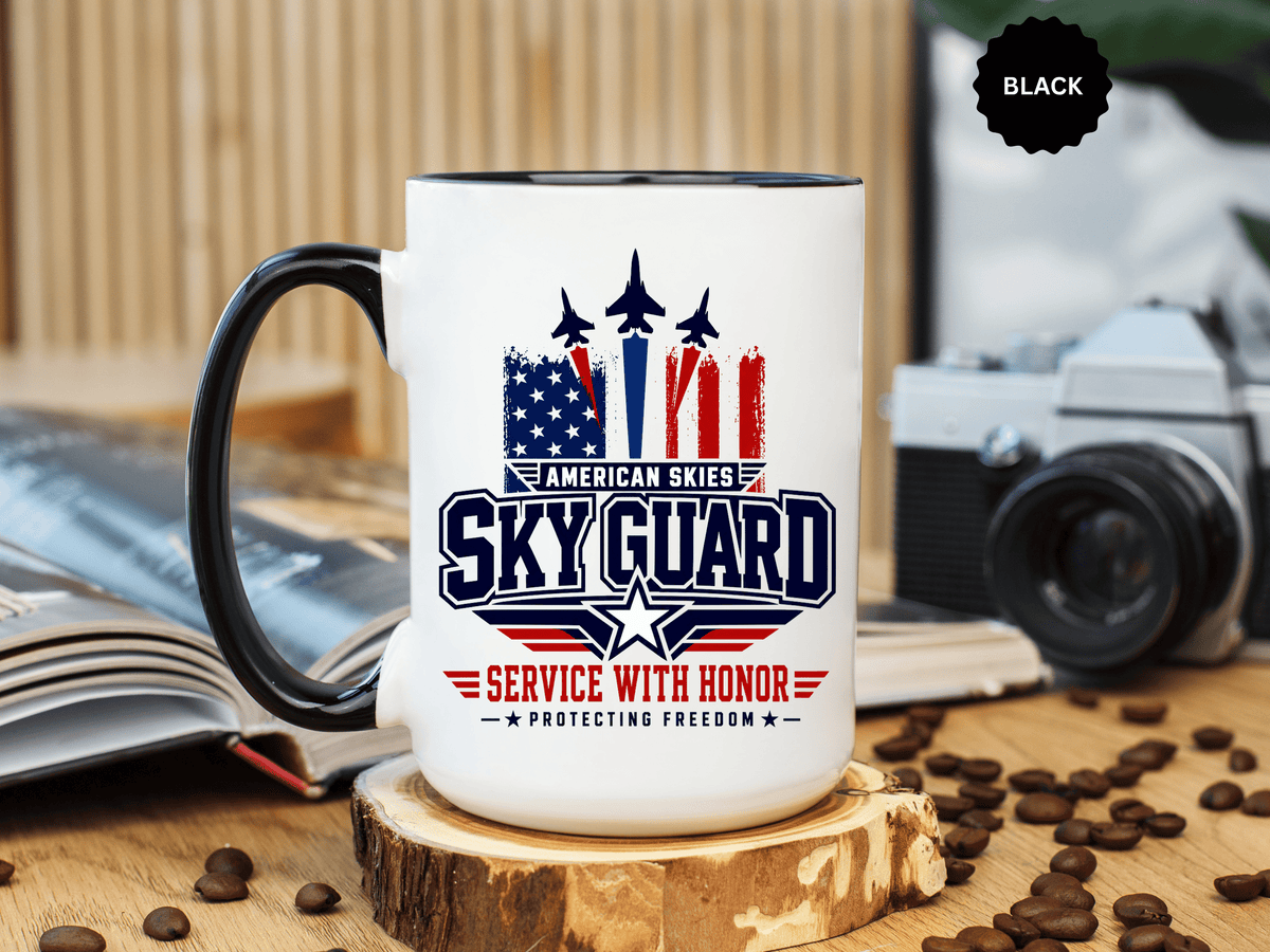 Military Aviation Coffee Mug, American Skies Skyguard Cup, Patriotic Fighter Jet Gift for Pilot, Veteran, Airman or Armed Forces Supporter