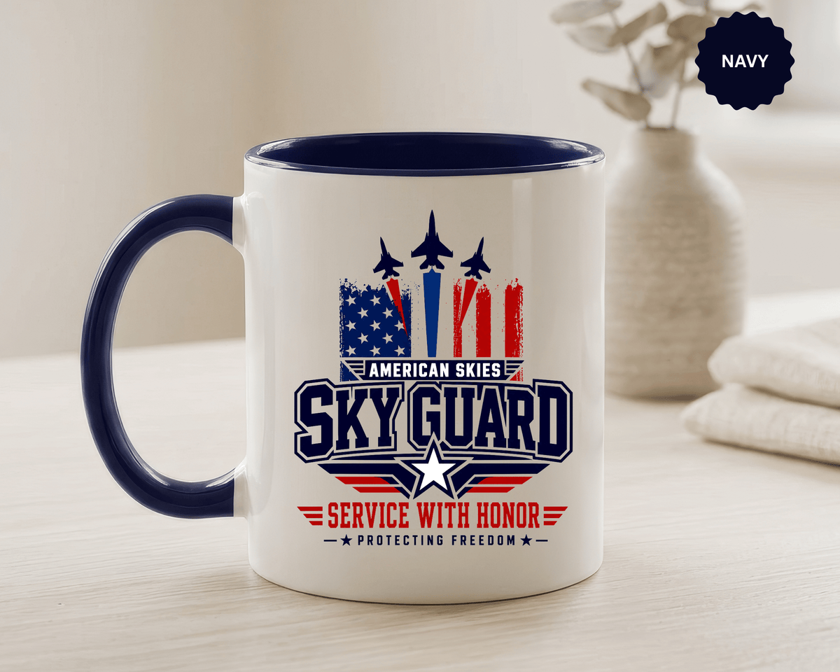 Military Aviation Coffee Mug, American Skies Skyguard Cup, Patriotic Fighter Jet Gift for Pilot, Veteran, Airman or Armed Forces Supporter