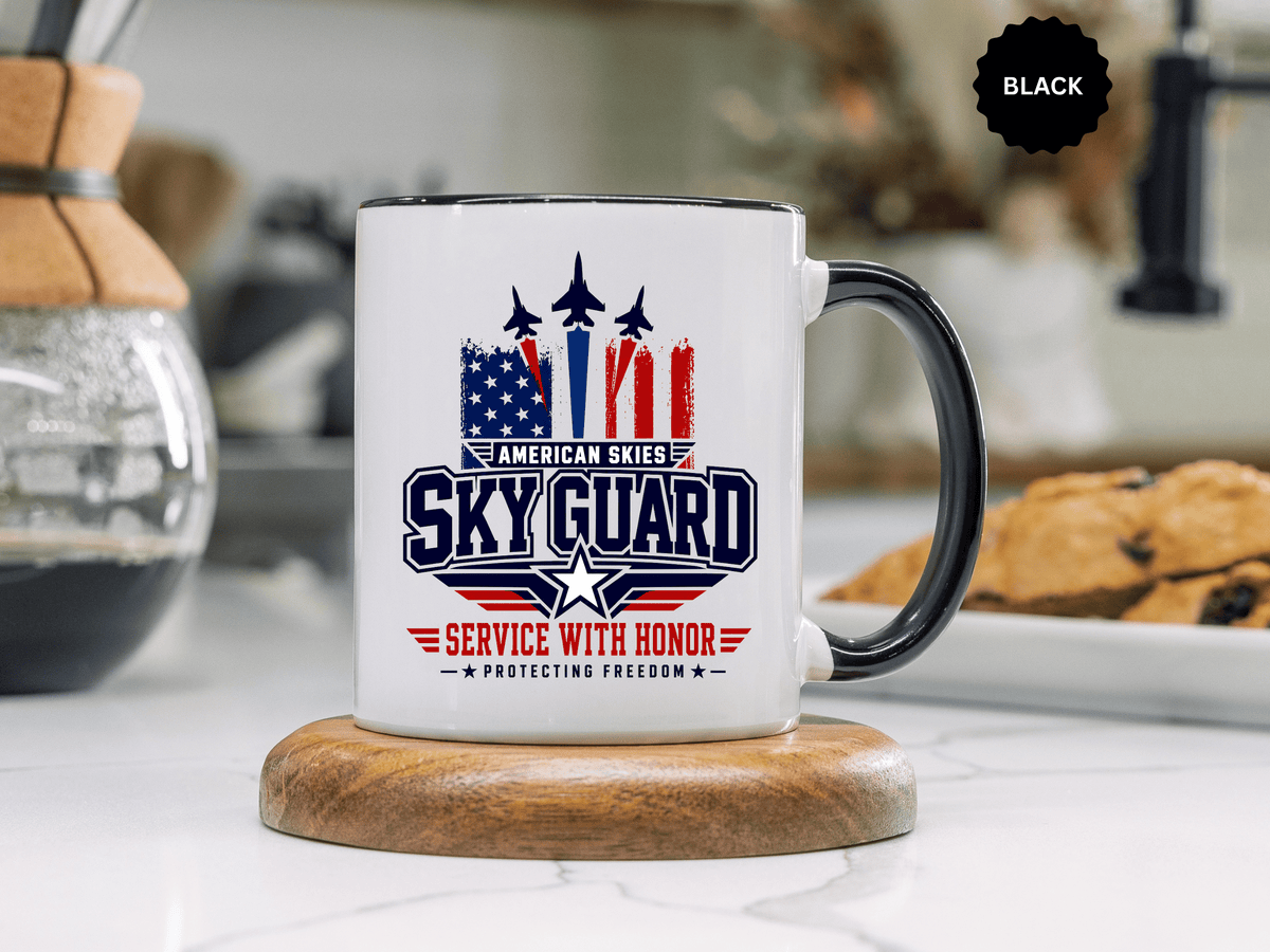 Military Aviation Coffee Mug, American Skies Skyguard Cup, Patriotic Fighter Jet Gift for Pilot, Veteran, Airman or Armed Forces Supporter