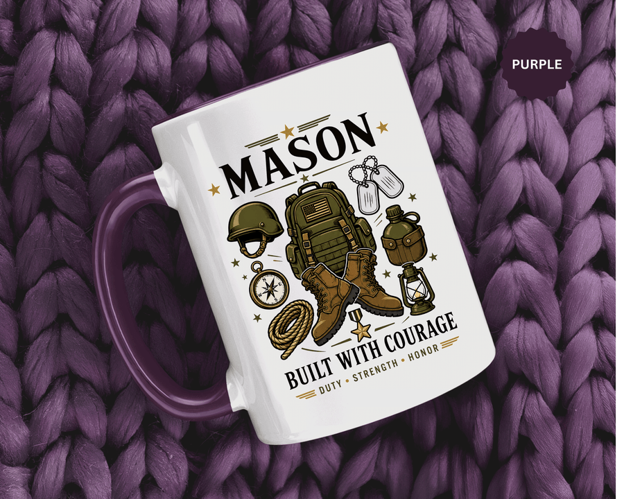 Personalized Army Soldier Mug, Built with Courage Coffee Cup, Custom Name Military Gift for Him, Veteran, Recruit or Service Member