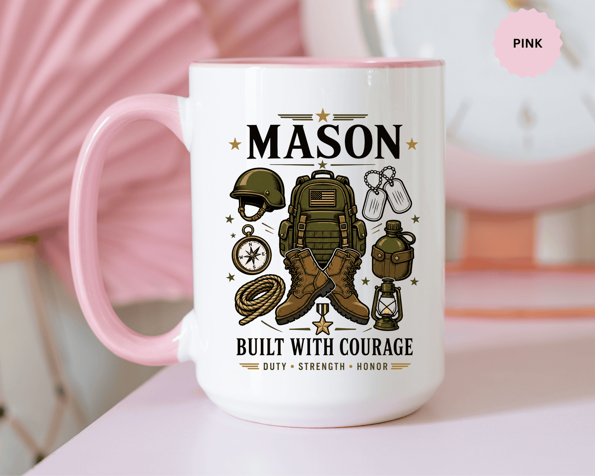 Personalized Army Soldier Mug, Built with Courage Coffee Cup, Custom Name Military Gift for Him, Veteran, Recruit or Service Member