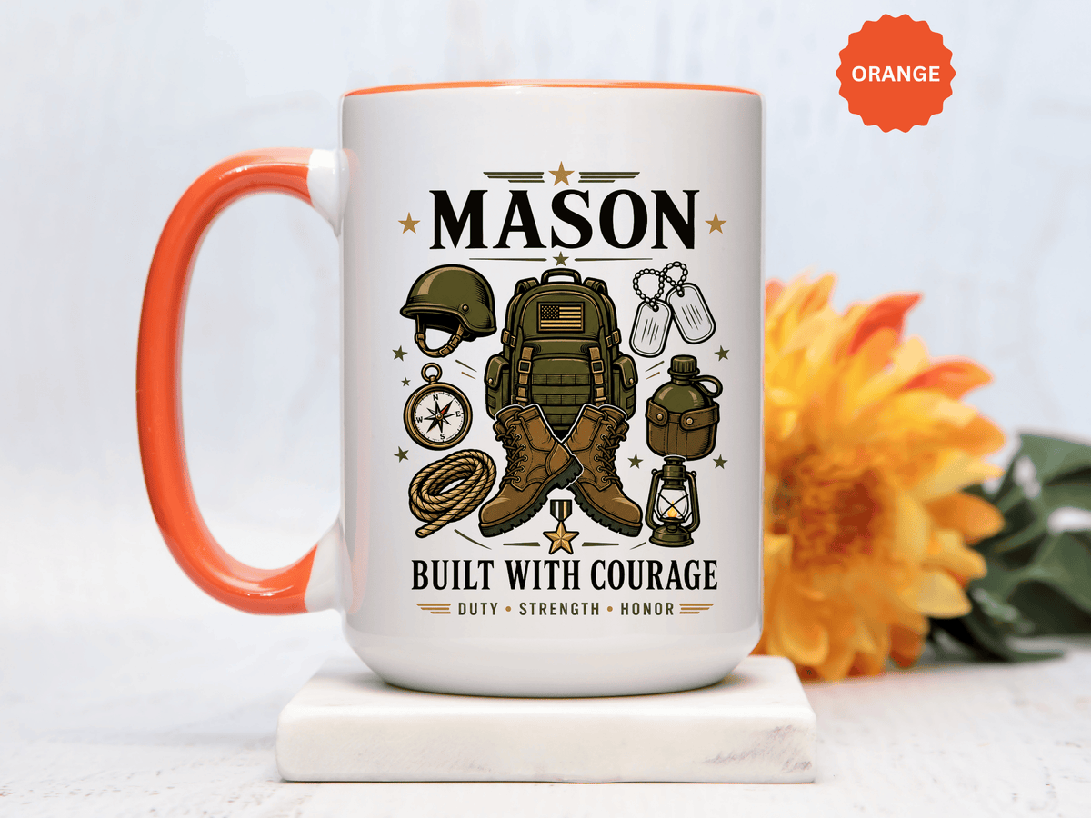 Personalized Army Soldier Mug, Built with Courage Coffee Cup, Custom Name Military Gift for Him, Veteran, Recruit or Service Member