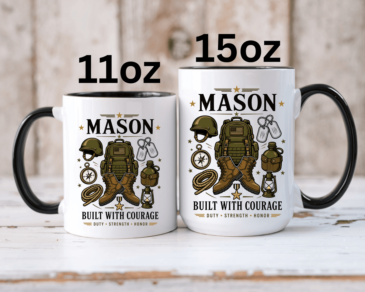 Personalized Army Soldier Mug, Built with Courage Coffee Cup, Custom Name Military Gift for Him, Veteran, Recruit or Service Member