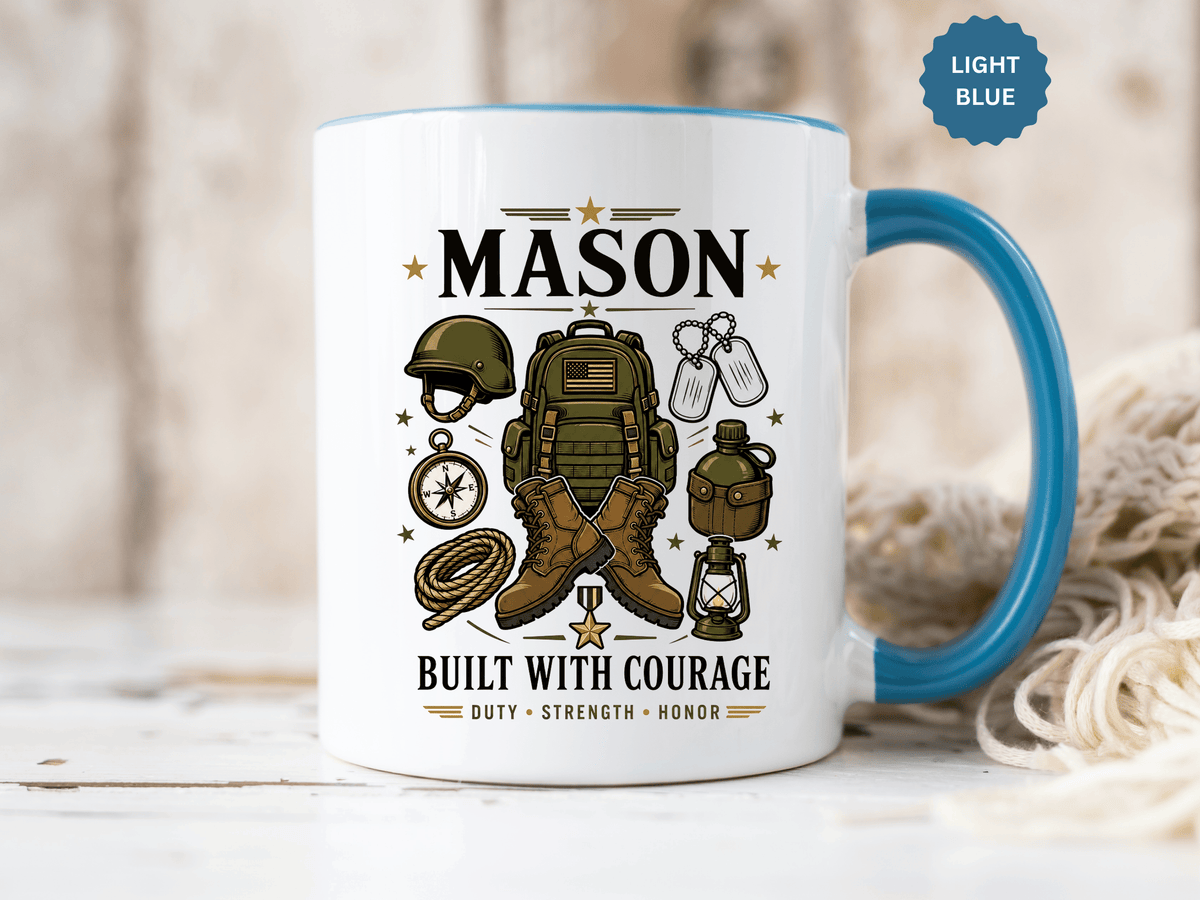 Personalized Army Soldier Mug, Built with Courage Coffee Cup, Custom Name Military Gift for Him, Veteran, Recruit or Service Member