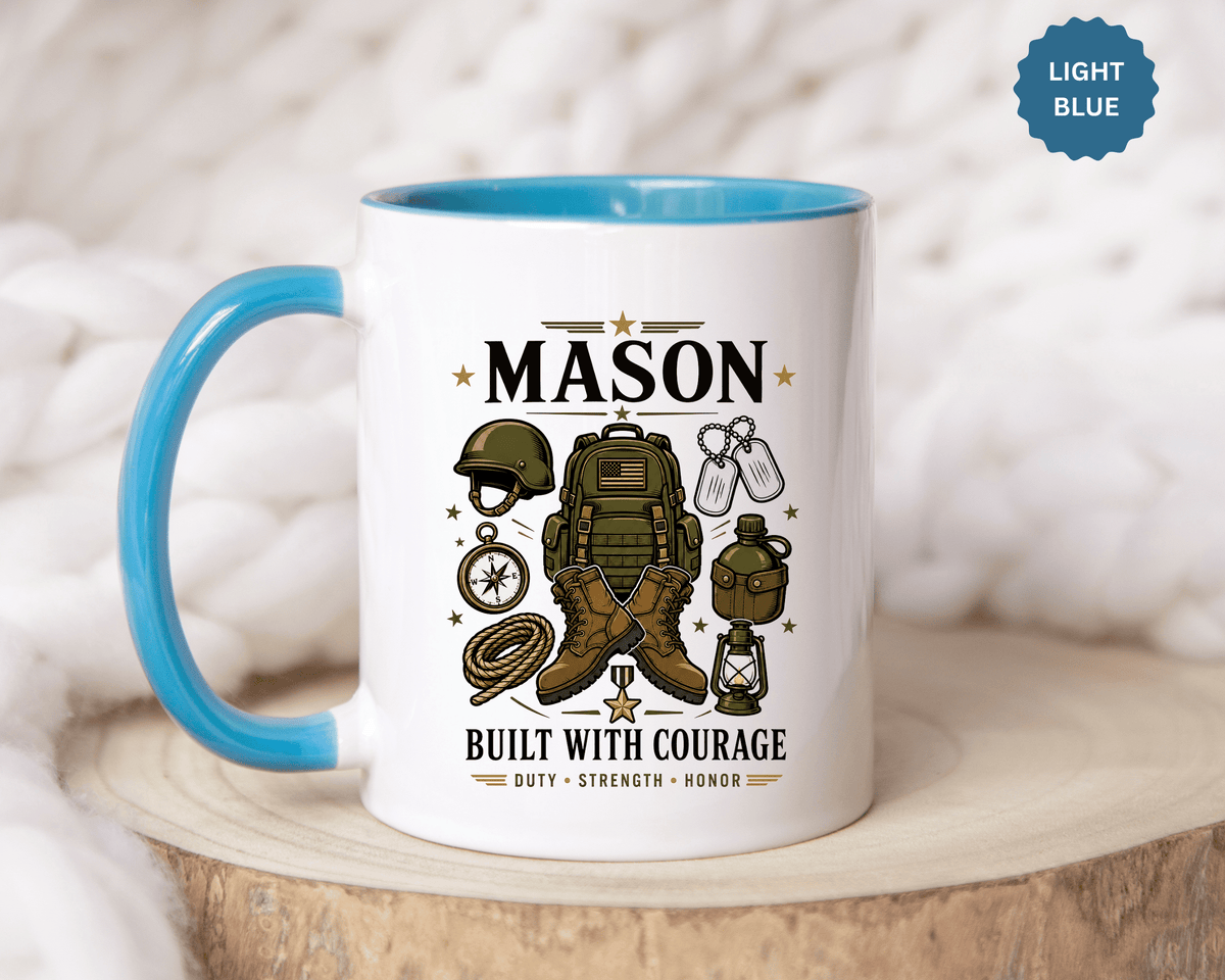 Personalized Army Soldier Mug, Built with Courage Coffee Cup, Custom Name Military Gift for Him, Veteran, Recruit or Service Member