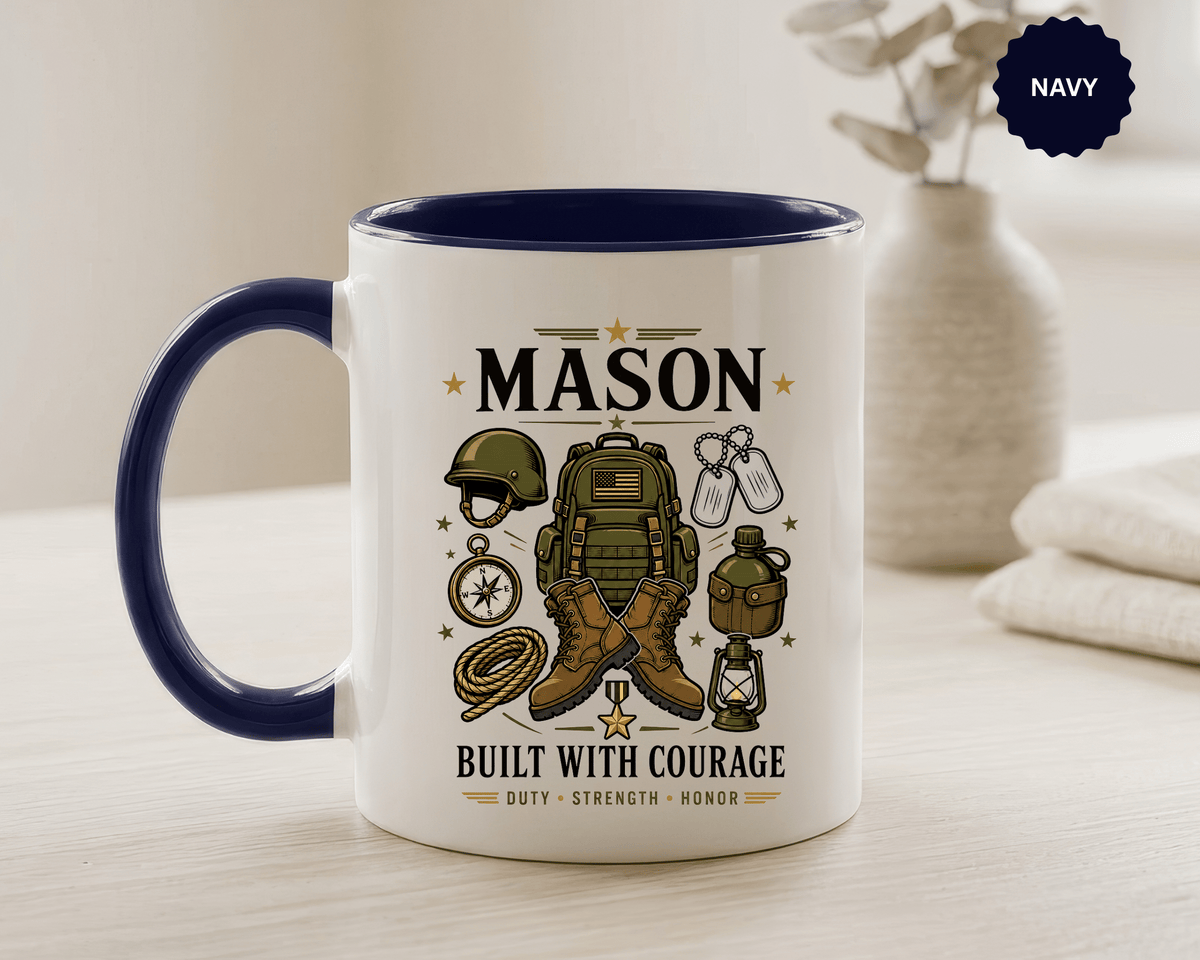 Personalized Army Soldier Mug, Built with Courage Coffee Cup, Custom Name Military Gift for Him, Veteran, Recruit or Service Member