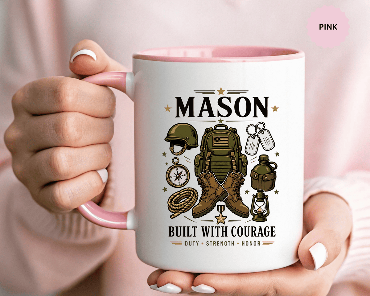 Personalized Army Soldier Mug, Built with Courage Coffee Cup, Custom Name Military Gift for Him, Veteran, Recruit or Service Member