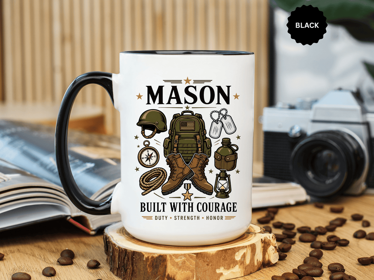 Personalized Army Soldier Mug, Built with Courage Coffee Cup, Custom Name Military Gift for Him, Veteran, Recruit or Service Member