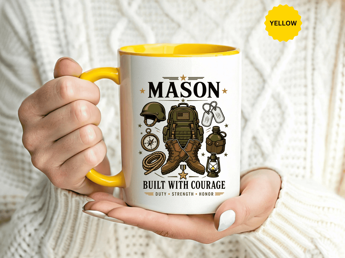 Personalized Army Soldier Mug, Built with Courage Coffee Cup, Custom Name Military Gift for Him, Veteran, Recruit or Service Member