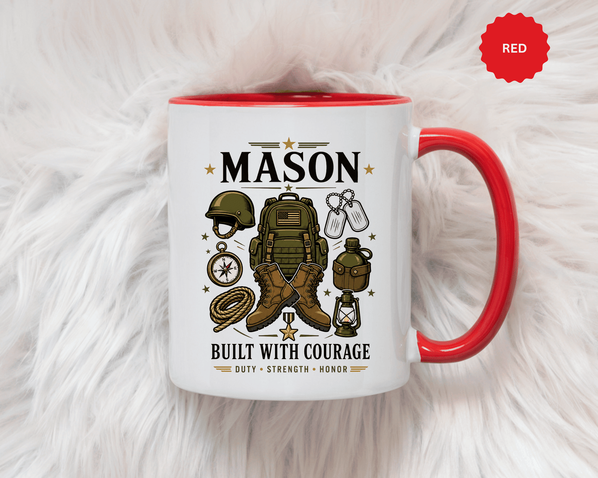 Personalized Army Soldier Mug, Built with Courage Coffee Cup, Custom Name Military Gift for Him, Veteran, Recruit or Service Member