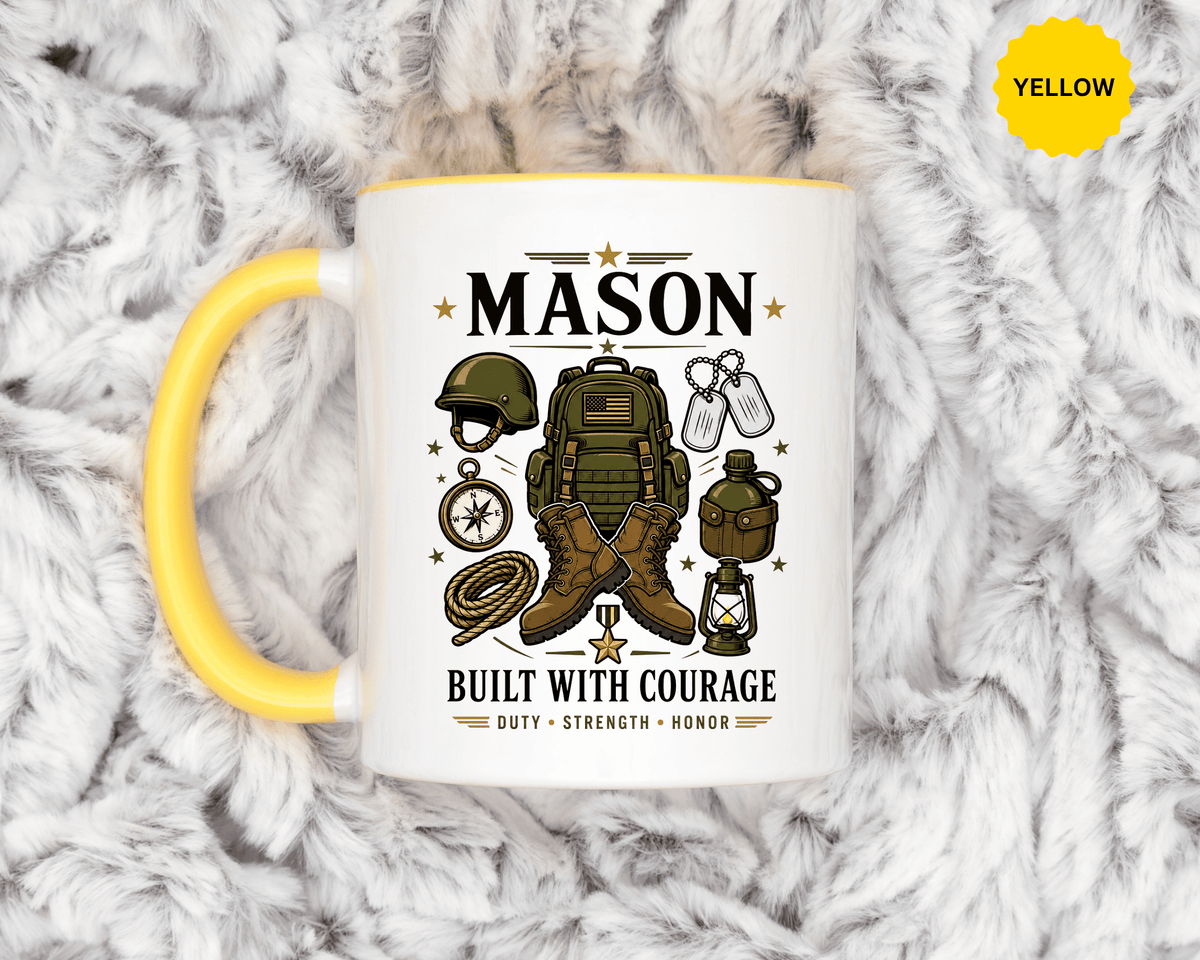 Personalized Army Soldier Mug, Built with Courage Coffee Cup, Custom Name Military Gift for Him, Veteran, Recruit or Service Member