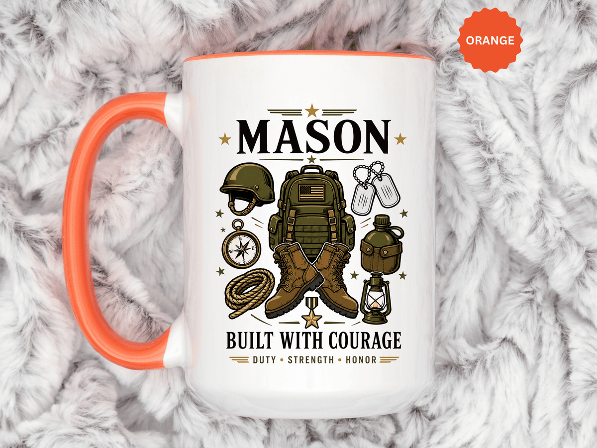 Personalized Army Soldier Mug, Built with Courage Coffee Cup, Custom Name Military Gift for Him, Veteran, Recruit or Service Member