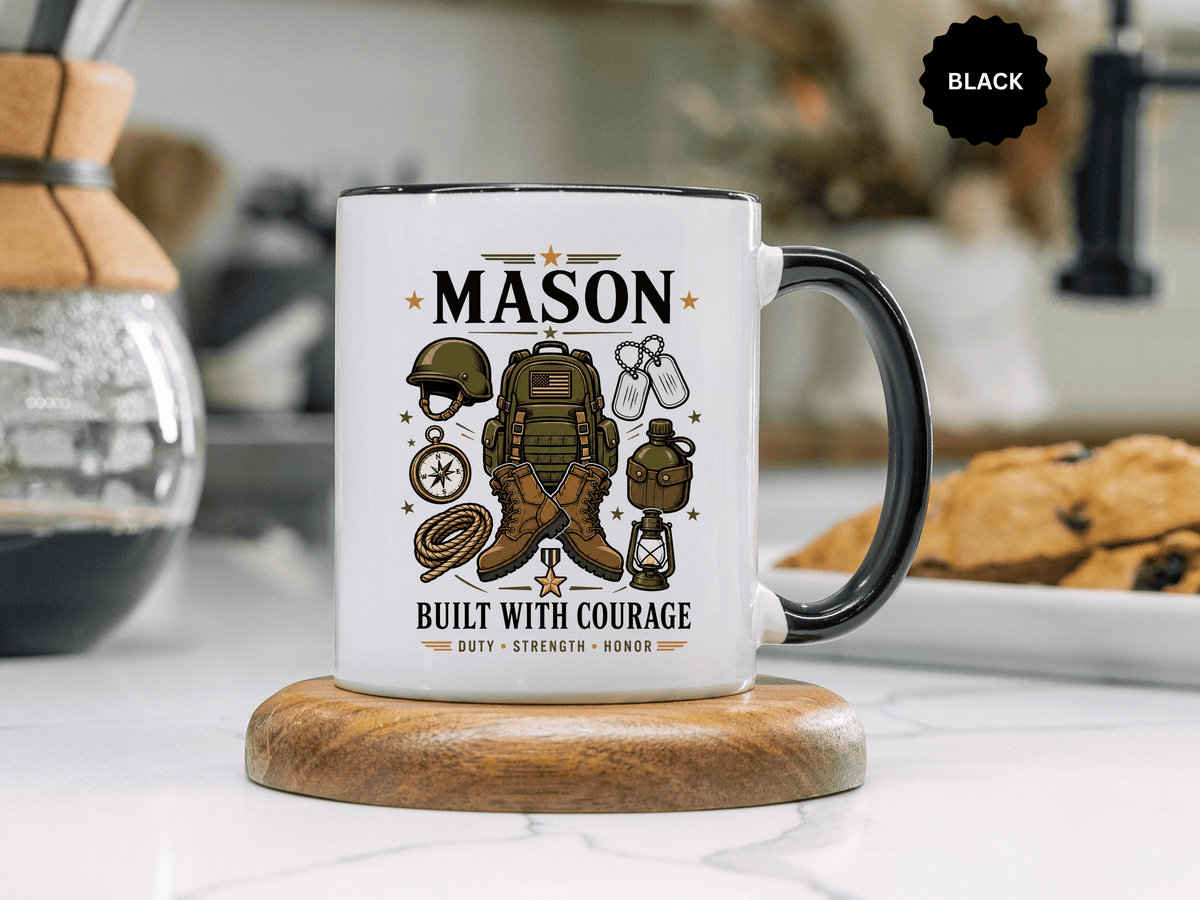 Personalized Army Soldier Mug, Built with Courage Coffee Cup, Custom Name Military Gift for Him, Veteran, Recruit or Service Member