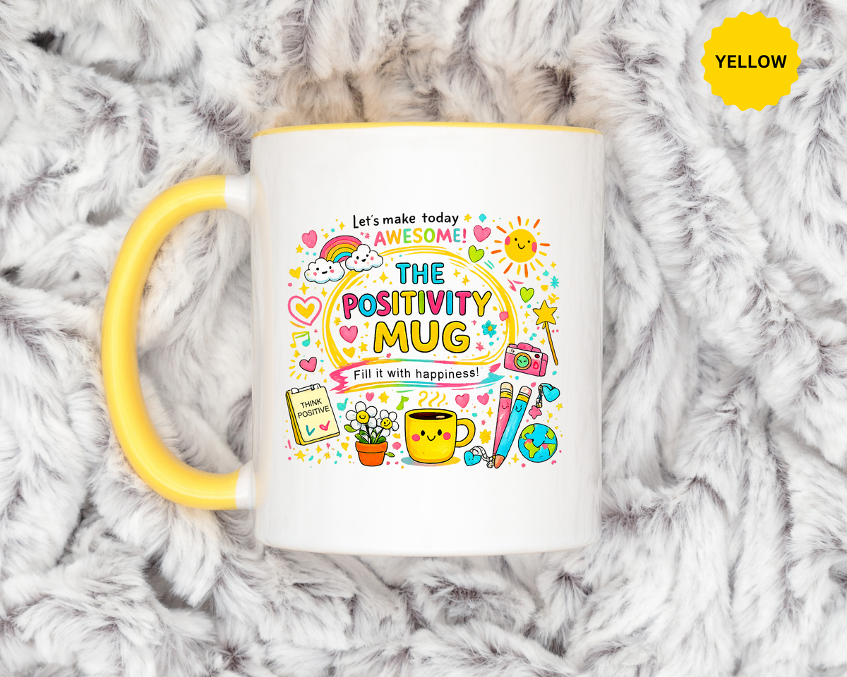 The Positivity Mug, Funny Sarcastic Office Gag Gift for Coworkers, Bright Doodle Aesthetic Motivational Coffee Cup with Orange Handle