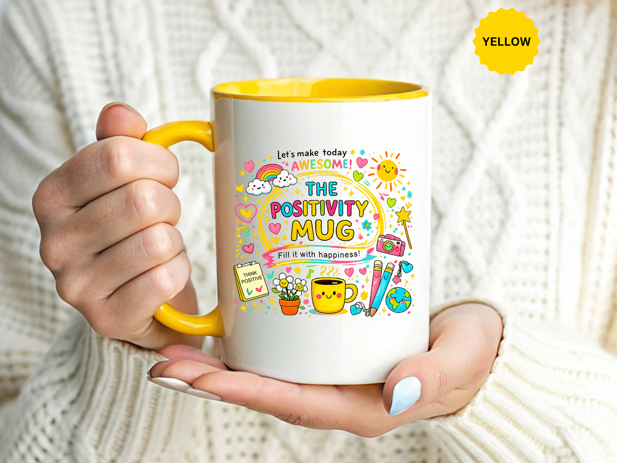 The Positivity Mug, Funny Sarcastic Office Gag Gift for Coworkers, Bright Doodle Aesthetic Motivational Coffee Cup with Orange Handle