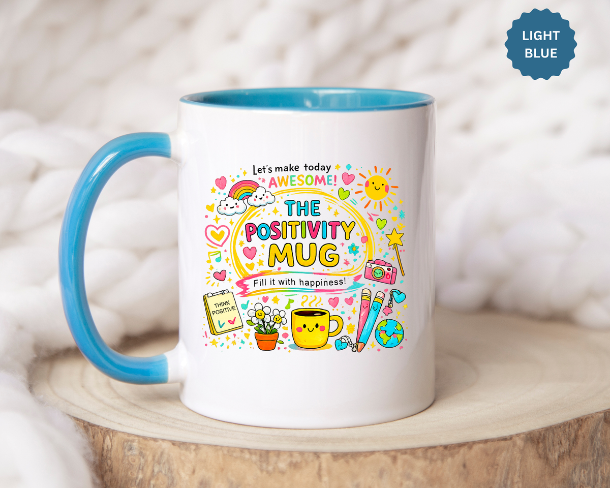 The Positivity Mug, Funny Sarcastic Office Gag Gift for Coworkers, Bright Doodle Aesthetic Motivational Coffee Cup with Orange Handle