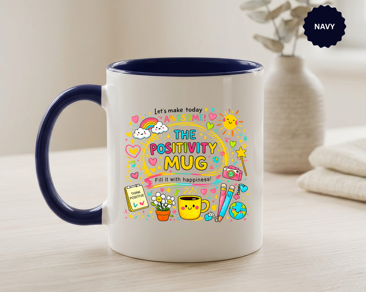 The Positivity Mug, Funny Sarcastic Office Gag Gift for Coworkers, Bright Doodle Aesthetic Motivational Coffee Cup with Orange Handle