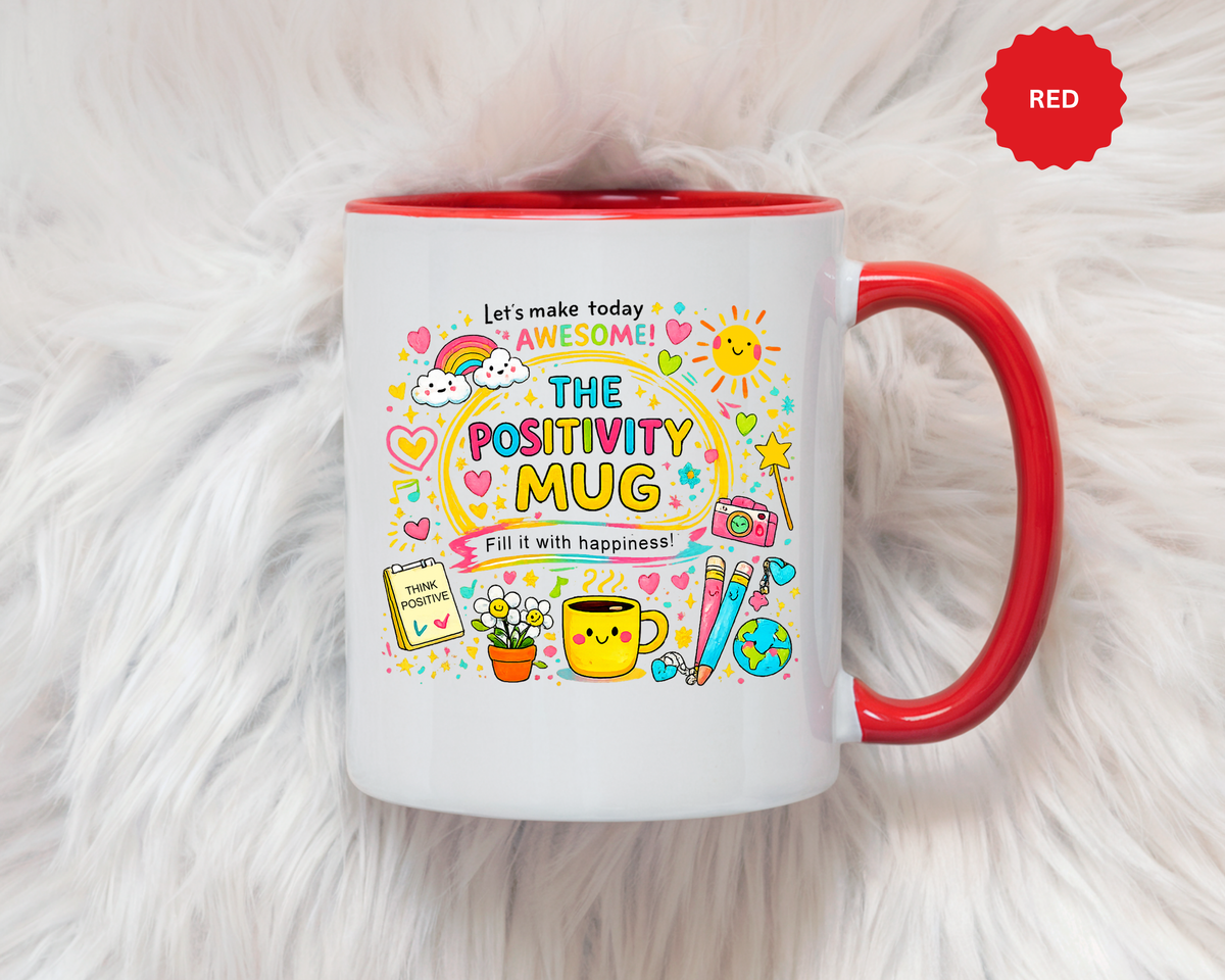 The Positivity Mug, Funny Sarcastic Office Gag Gift for Coworkers, Bright Doodle Aesthetic Motivational Coffee Cup with Orange Handle