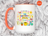The Positivity Mug, Funny Sarcastic Office Gag Gift for Coworkers, Bright Doodle Aesthetic Motivational Coffee Cup with Orange Handle