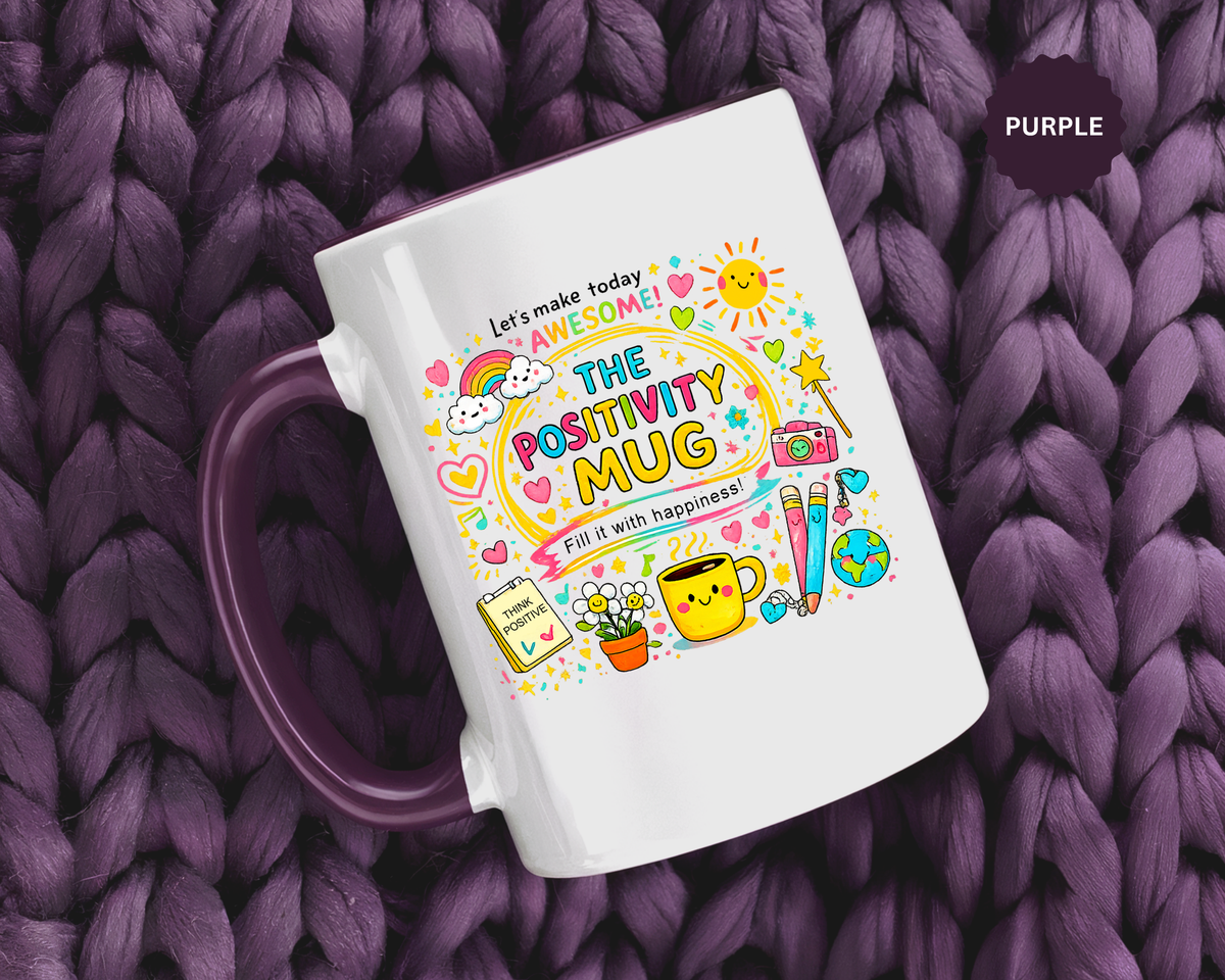 The Positivity Mug, Funny Sarcastic Office Gag Gift for Coworkers, Bright Doodle Aesthetic Motivational Coffee Cup with Orange Handle