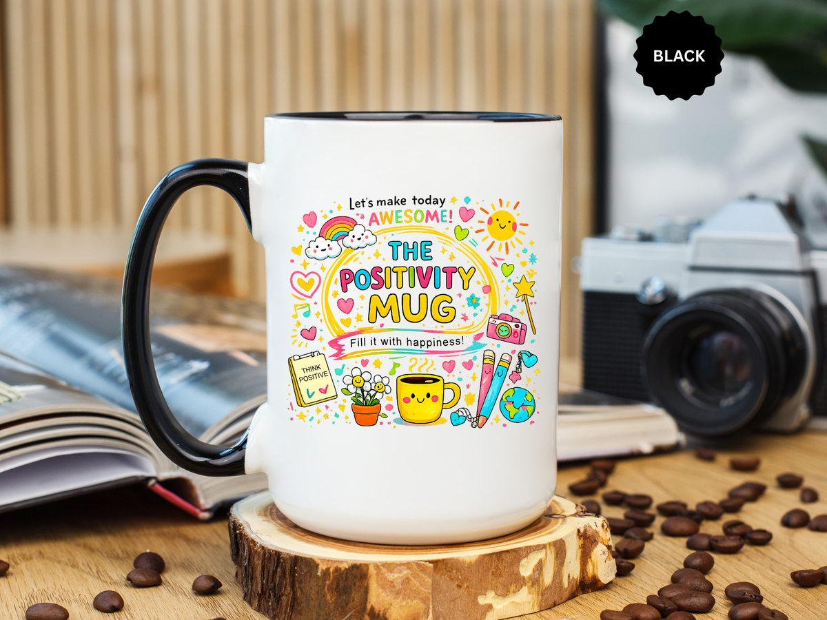 The Positivity Mug, Funny Sarcastic Office Gag Gift for Coworkers, Bright Doodle Aesthetic Motivational Coffee Cup with Orange Handle
