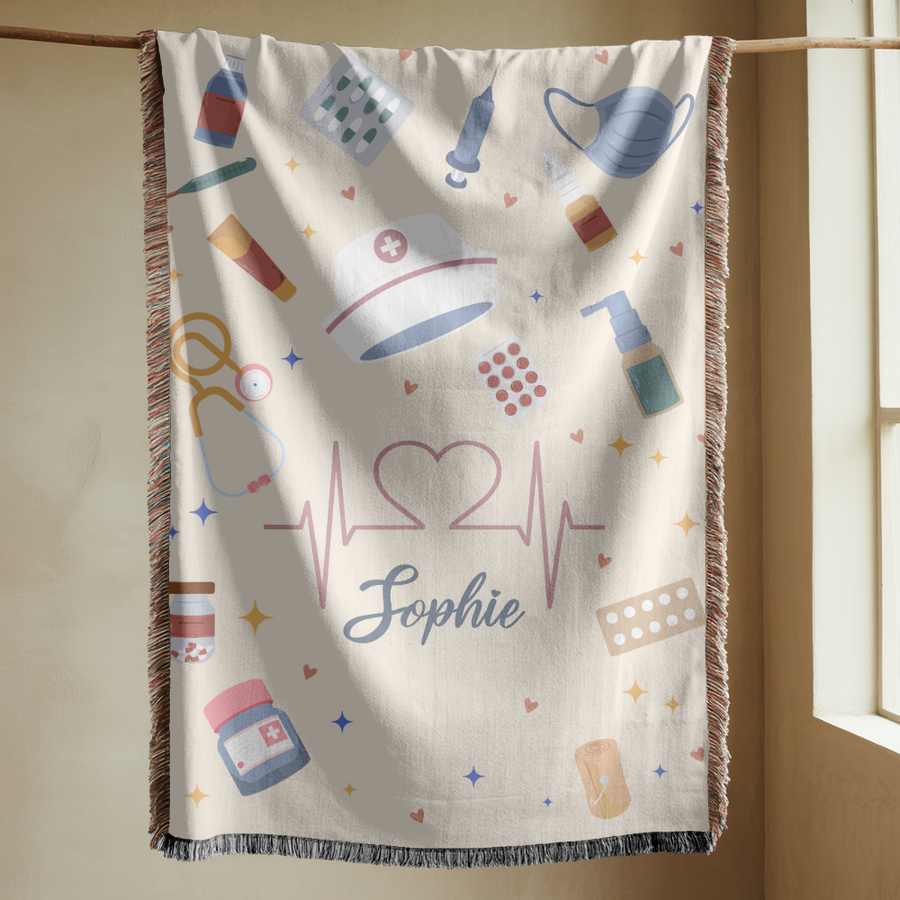 Personalized Nurse Blanket, Custom Name Medical Throw with Healthcare Symbols, Nurse Appreciation Gift, RN Graduation Keepsake