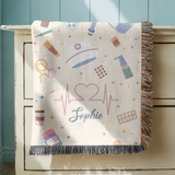 Personalized Nurse Blanket, Custom Name Medical Throw with Healthcare Symbols, Nurse Appreciation Gift, RN Graduation Keepsake