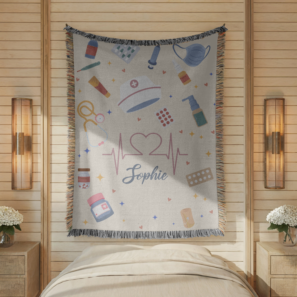 Personalized Nurse Blanket, Custom Name Medical Throw with Healthcare Symbols, Nurse Appreciation Gift, RN Graduation Keepsake