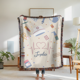 Personalized Nurse Blanket, Custom Name Medical Throw with Healthcare Symbols, Nurse Appreciation Gift, RN Graduation Keepsake