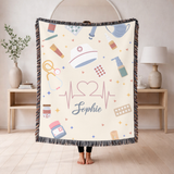 Personalized Nurse Blanket, Custom Name Medical Throw with Healthcare Symbols, Nurse Appreciation Gift, RN Graduation Keepsake