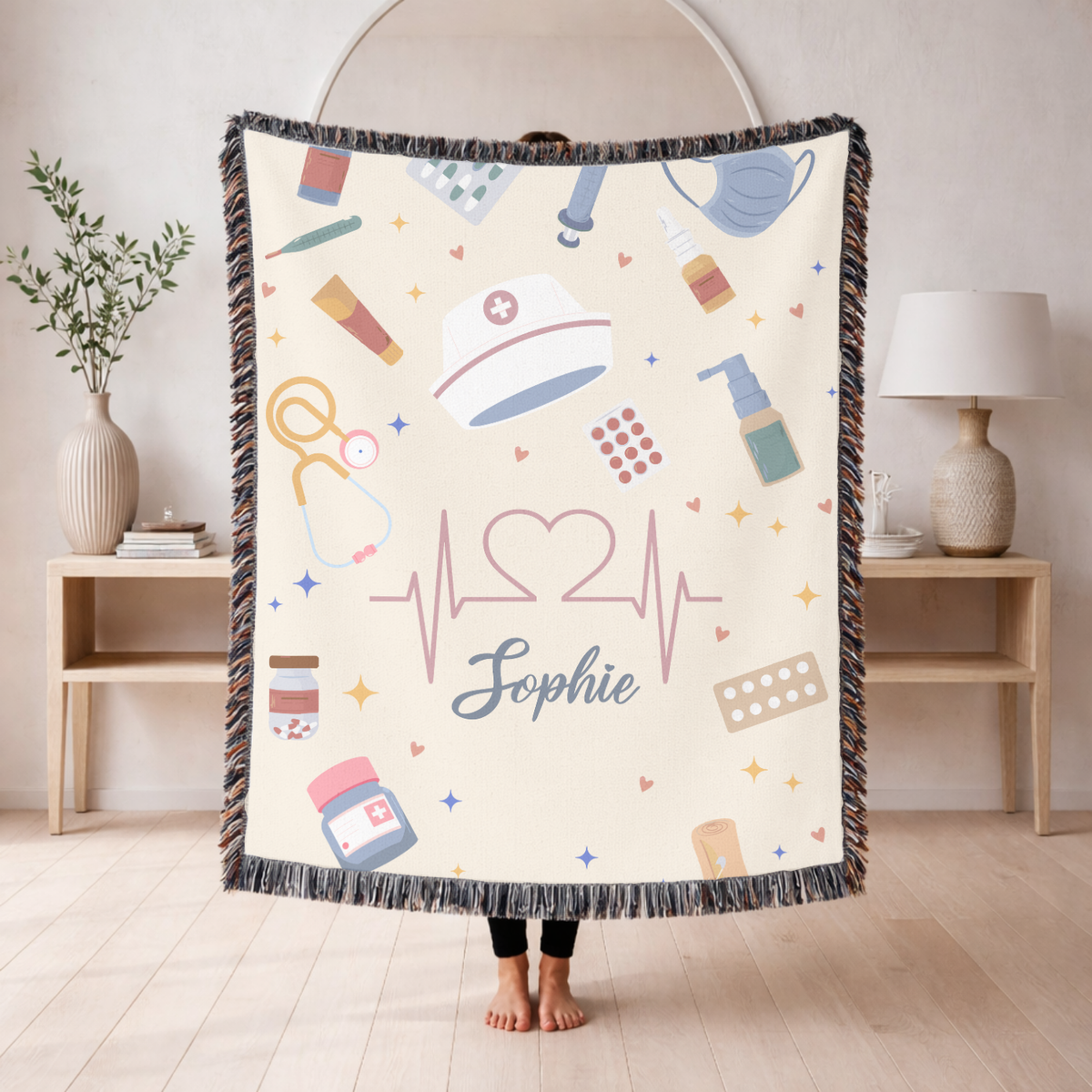 Personalized Nurse Blanket, Custom Name Medical Throw with Healthcare Symbols, Nurse Appreciation Gift, RN Graduation Keepsake