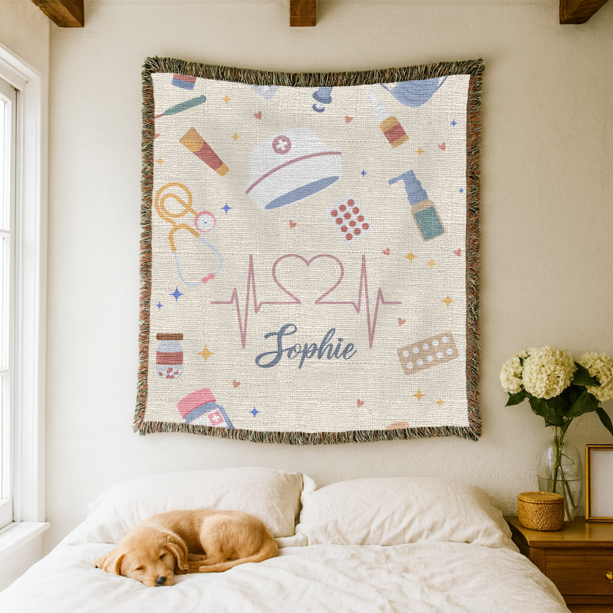 Personalized Nurse Blanket, Custom Name Medical Throw with Healthcare Symbols, Nurse Appreciation Gift, RN Graduation Keepsake
