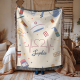 Personalized Nurse Blanket, Custom Name Medical Throw with Healthcare Symbols, Nurse Appreciation Gift, RN Graduation Keepsake