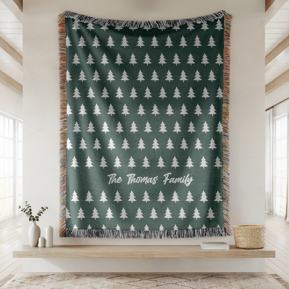 Personalized Family Christmas Blanket, Custom Last Name Pine Tree Throw for Cozy Winter Home Decor, Rustic Holiday Gift for Family