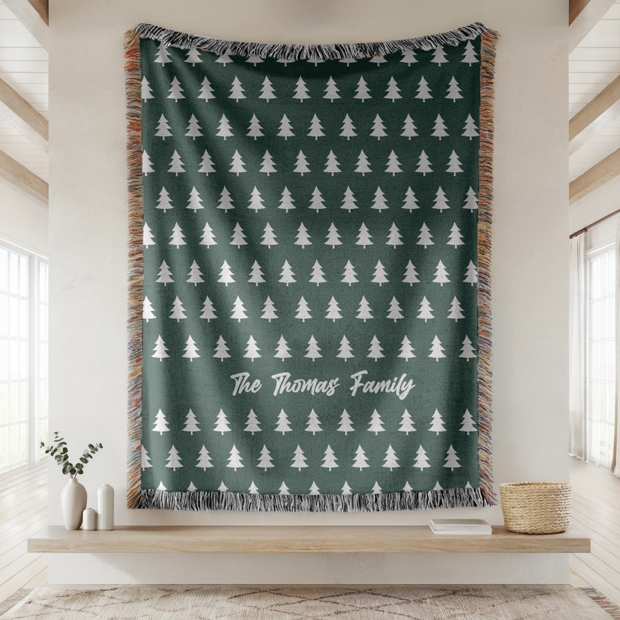 Personalized Family Christmas Blanket, Custom Last Name Pine Tree Throw for Cozy Winter Home Decor, Rustic Holiday Gift for Family