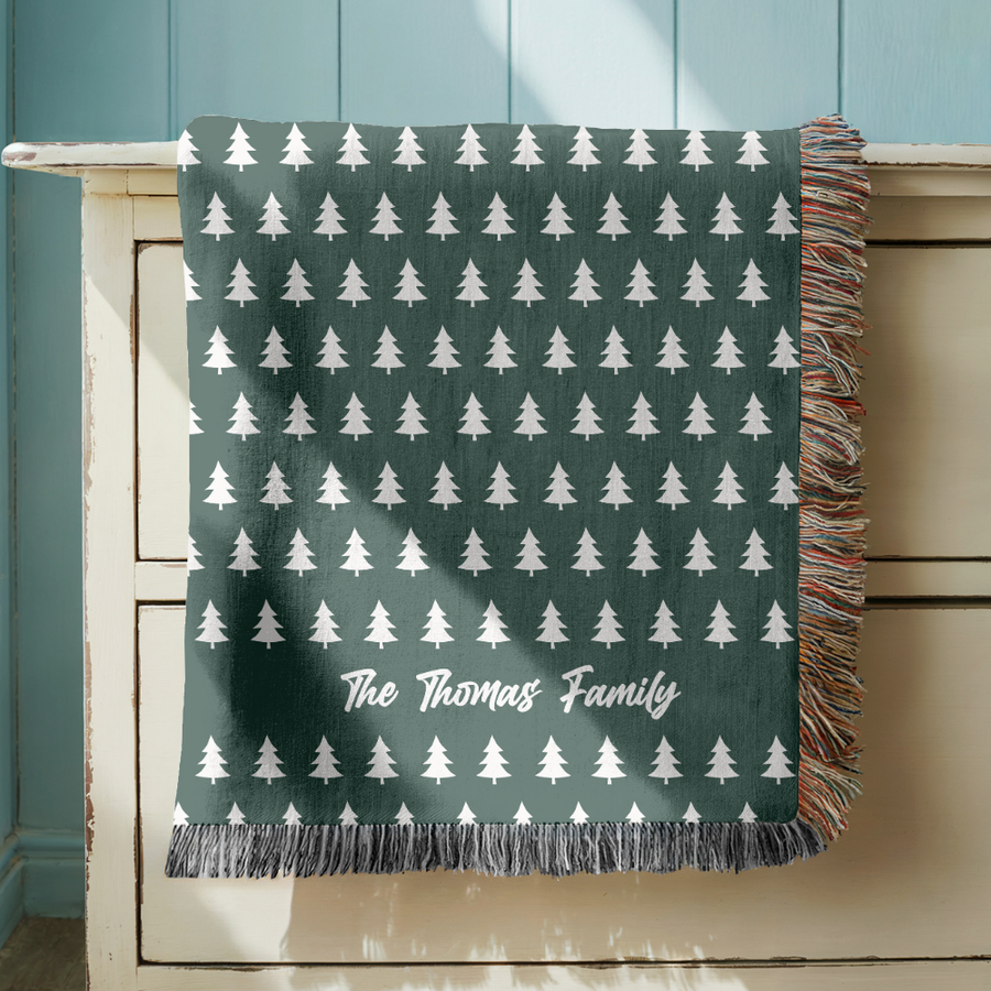 Personalized Family Christmas Blanket, Custom Last Name Pine Tree Throw for Cozy Winter Home Decor, Rustic Holiday Gift for Family