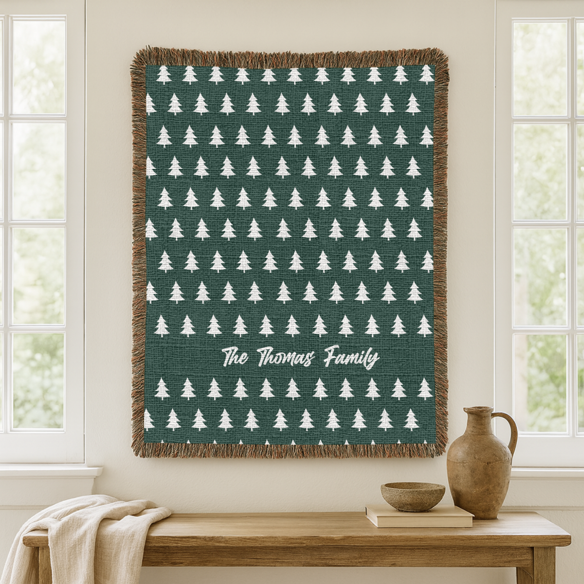 Personalized Family Christmas Blanket, Custom Last Name Pine Tree Throw for Cozy Winter Home Decor, Rustic Holiday Gift for Family