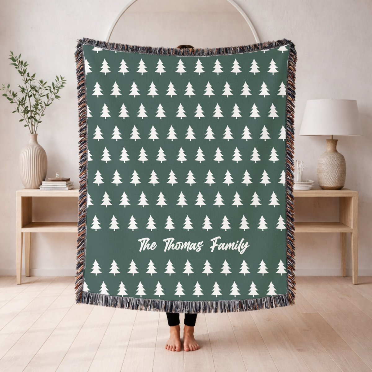 Personalized Family Christmas Blanket, Custom Last Name Pine Tree Throw for Cozy Winter Home Decor, Rustic Holiday Gift for Family
