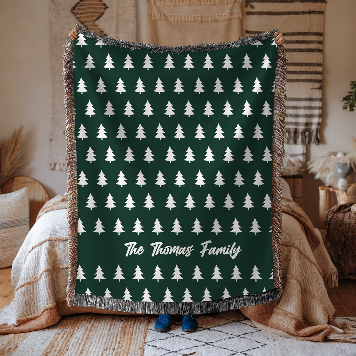 Personalized Family Christmas Blanket, Custom Last Name Pine Tree Throw for Cozy Winter Home Decor, Rustic Holiday Gift for Family